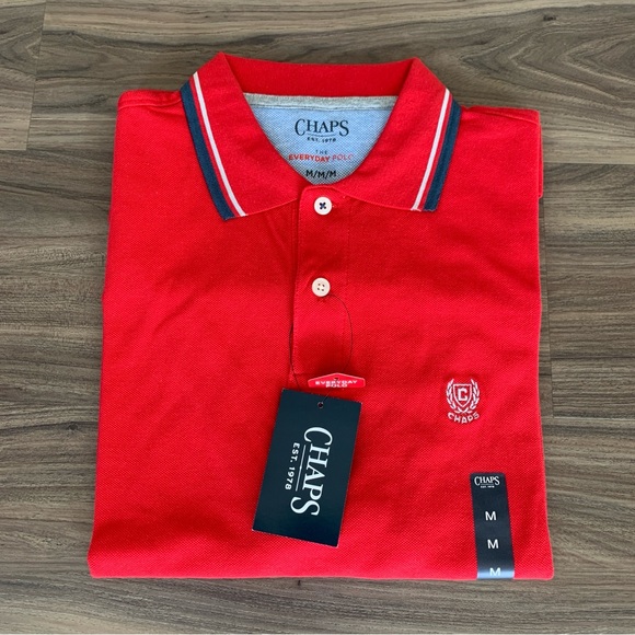 Sale! Chaps Polo Shirt Poppy Red Cotton with Striped Collar Size M - Picture 2 of 7